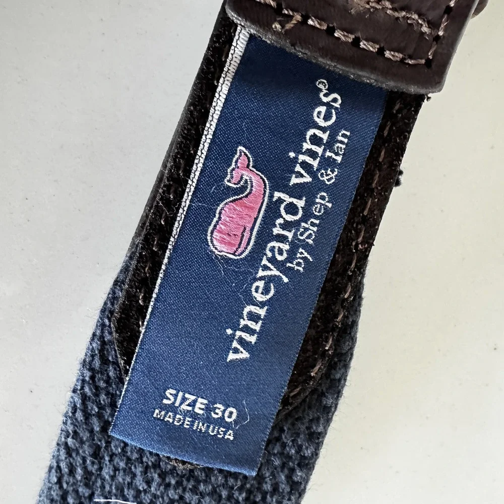 Vineyard Vines Starfish Canvas Belt Boys Size 30 Navy Blue Leather Trim‎ Preppy